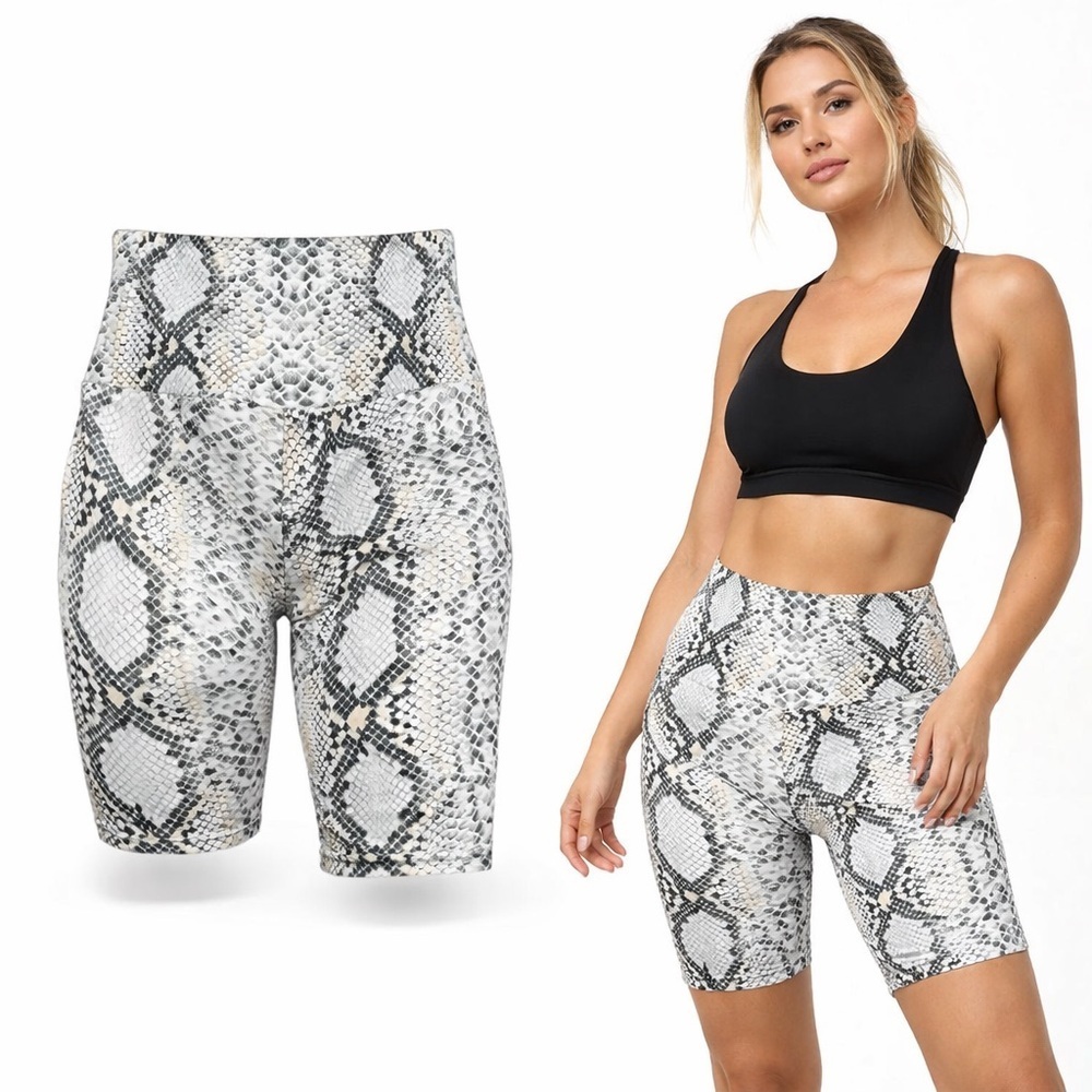 Onzie | Snake Print Biker Shorts | Gray Black | High Rise Activewear | Size M